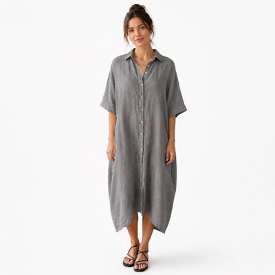 Robe chemise midi femme décontractée coupe ample légère été - vue face couleur grise