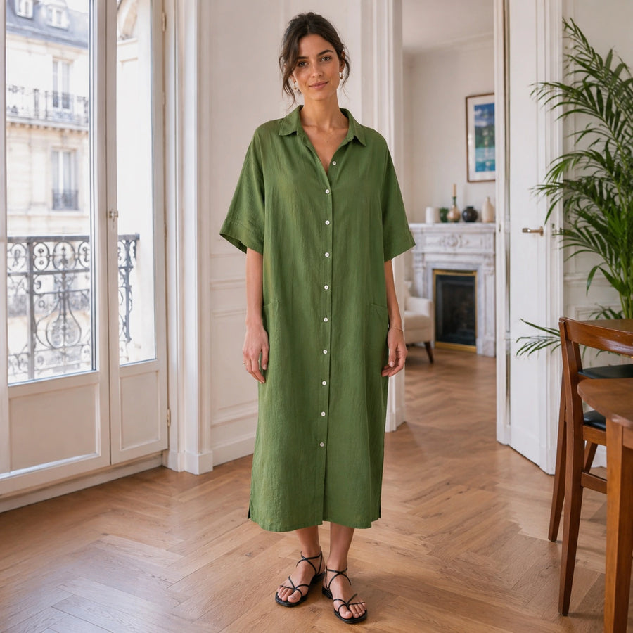 Robe chemise midi coupe ample femme - silhouette complète
