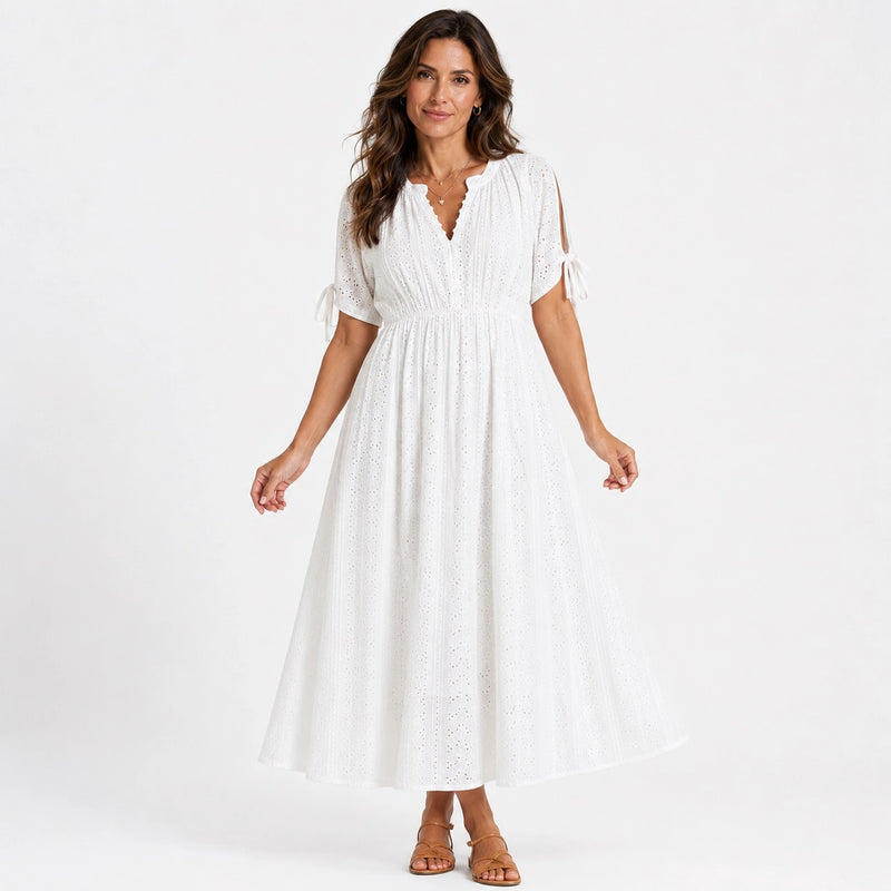 Robe femme blanche col V dentelle volants bohème légère - vue face
