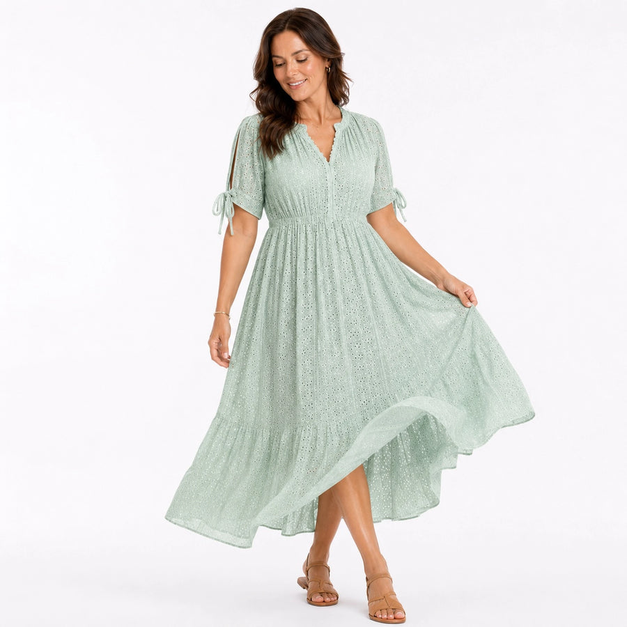 Robe femme blanche col V dentelle - vue de dos volants