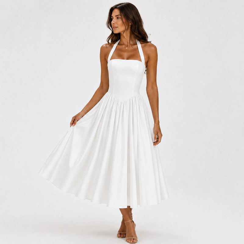 Robe femme jupe bouffante ceinturée élégante cérémonie été - vue face couleur blanche