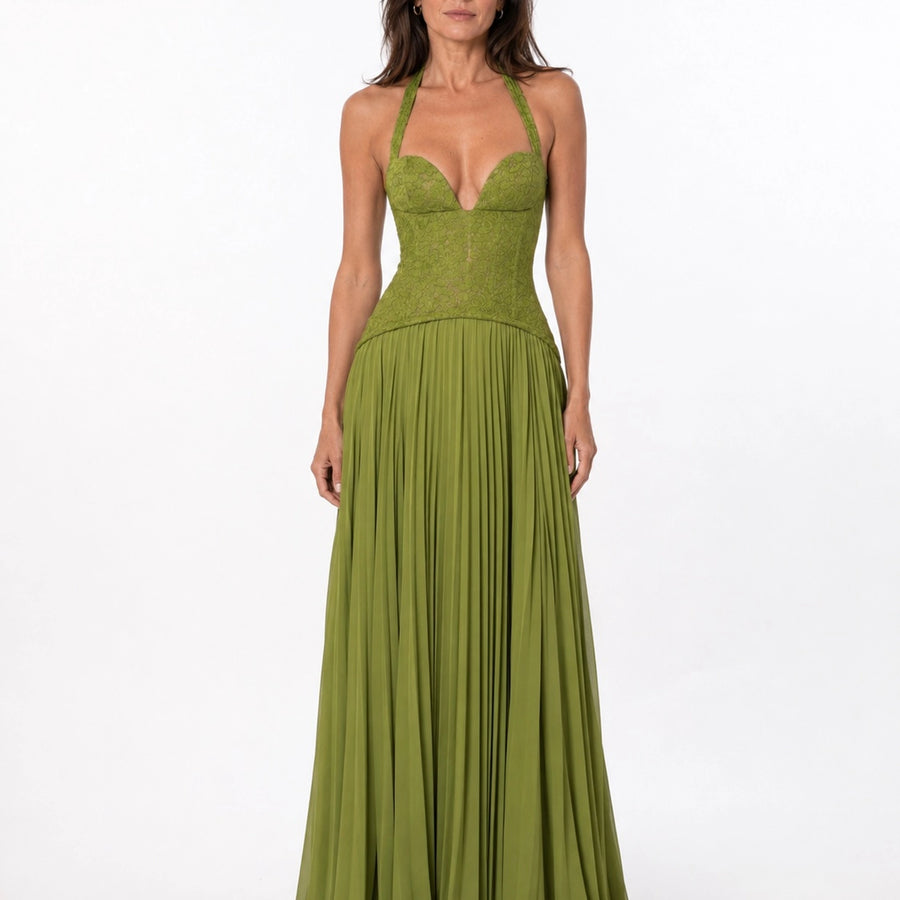 Robe soirée femme col halter bretelles plissées coupe ajustée - vue face couleur vert