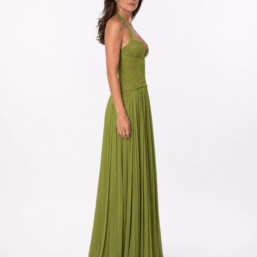 Robe soirée col halter femme - couleur bleue vue face