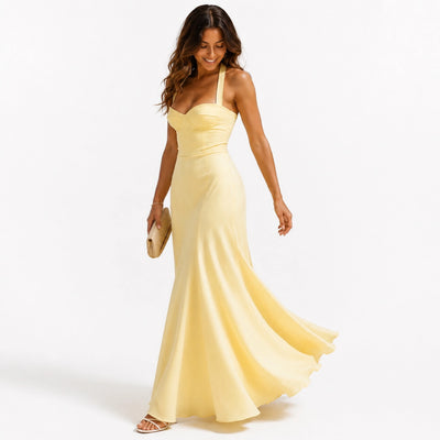 Robe longue dos nu femme col cœur bretelles croisées sirène - vue face couleur jaune