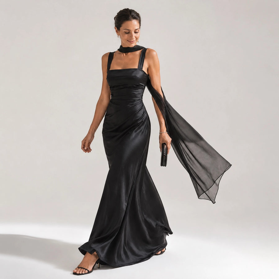 Robe soirée longue écharpe femme - silhouette complète