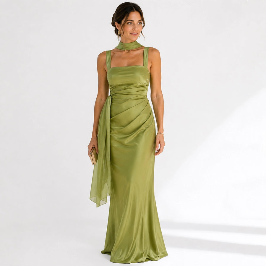 Robe soirée longue fourreau froncé écharpe dos ouvert femme - vue face couleur vert