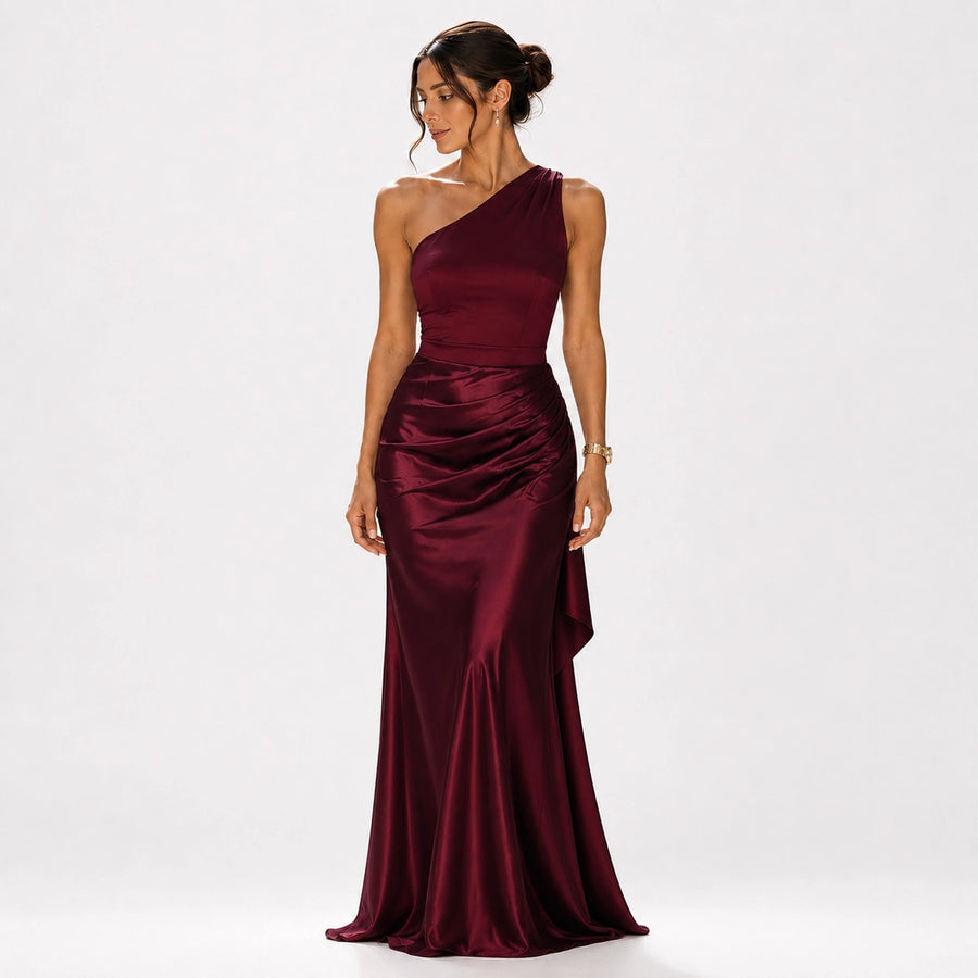 Robe soirée longue une épaule traîne - vue d'ensemble