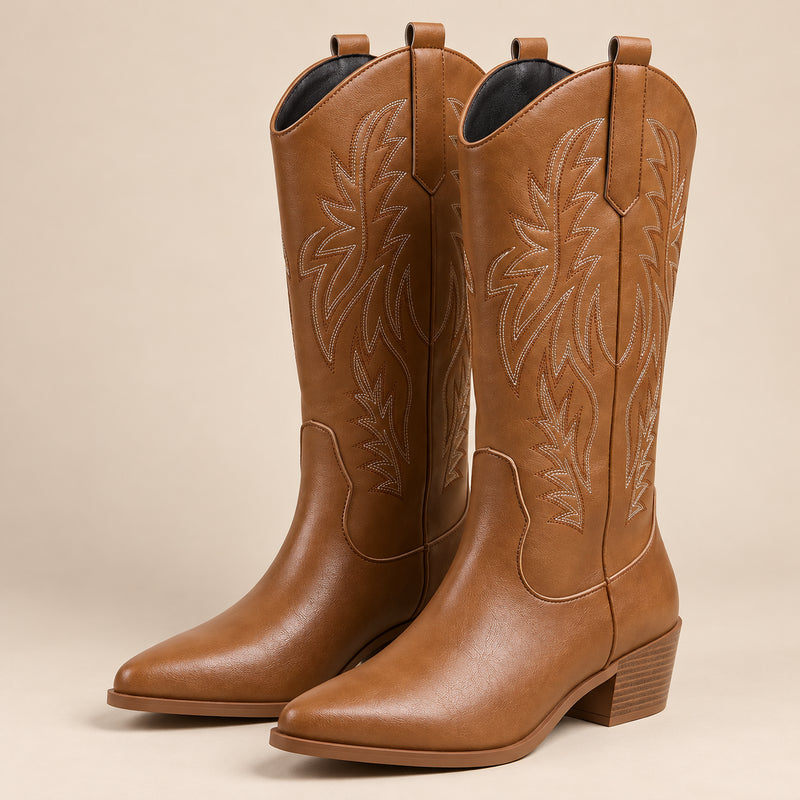 Bottes Mi-Mollet Femme - Santiags Brodées Plumes en Simili - Brun - vue non portée sur fond beige