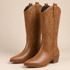 Bottes Mi-Mollet Femme - Santiags Brodées Plumes en Simili - Brun