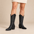 Bottes Mi-Mollet Femme - Santiags Brodées Plumes en Simili - Noir