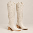 Bottes Santiags Femme - Hautes Effet Cuir Talon Cubain - Blanc Cassé