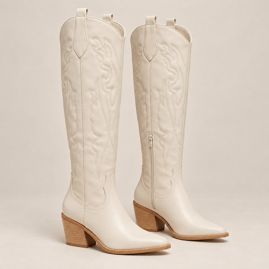 Bottes Santiags Femme - Hautes Effet Cuir Talon Cubain - Blanc Cassé - vue non portée sur fond beige
