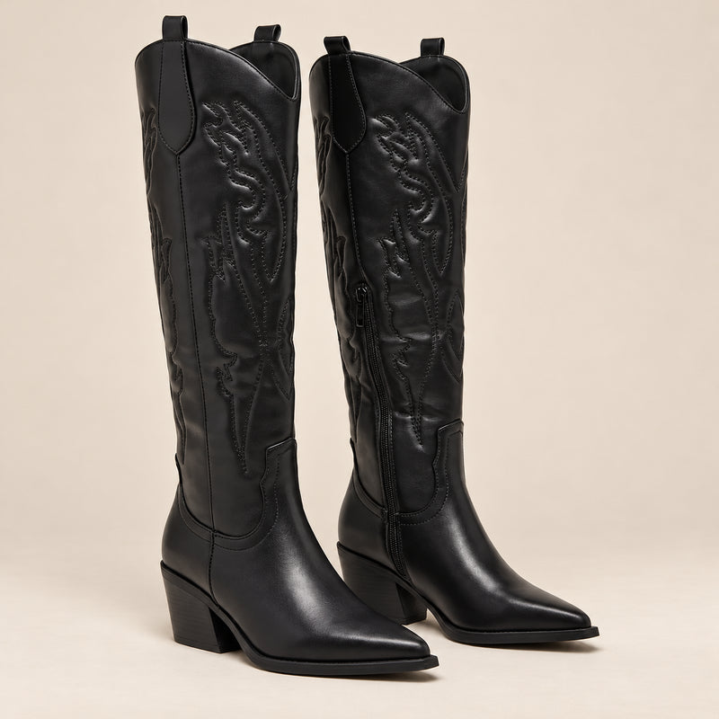 Bottes Santiags Femme - Hautes Effet Cuir Talon Cubain - Noir - vue non portée sur fond beige