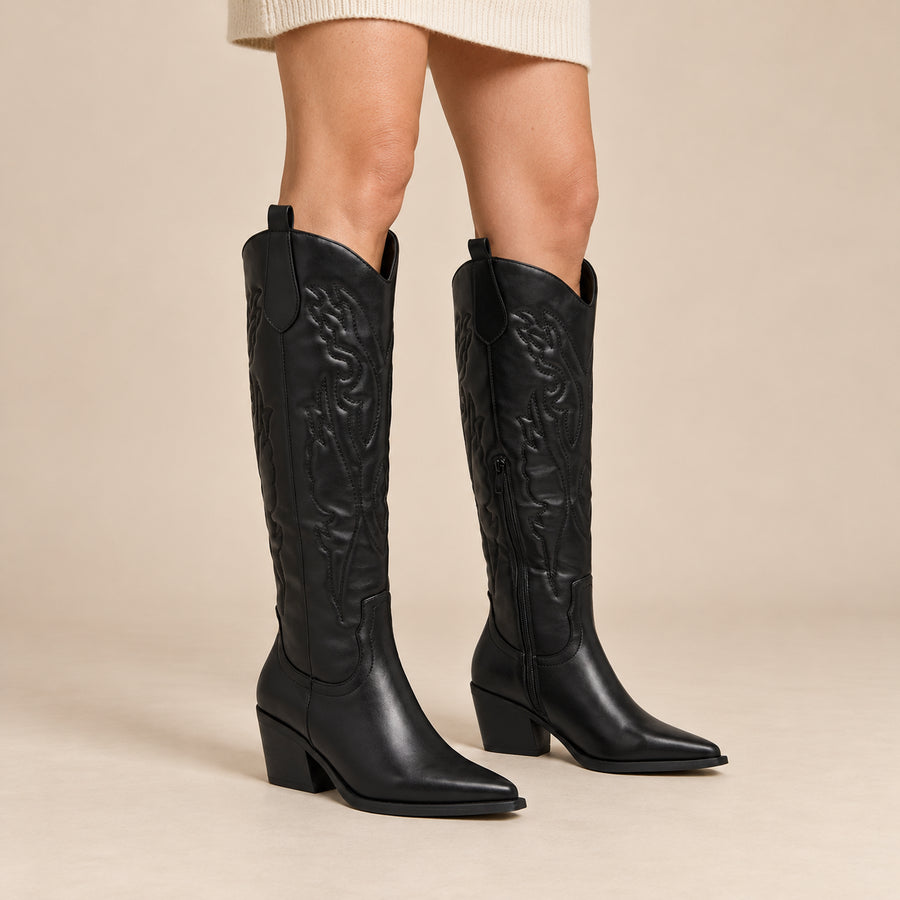 Bottes Santiags Femme - Hautes Effet Cuir Talon Cubain - Noir - vue portée sur fond beige