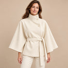 Cape Femme - Col Montant Boutonné Ceinture Cintrée - Blanc