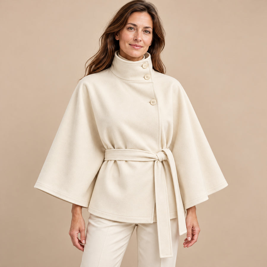 Trench Femme - Court Col Montant Boutonné Ceinture Cintrée - Blanc - vue portée sur fond beige