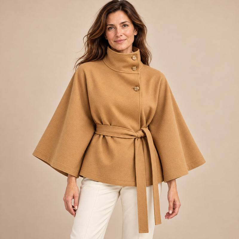 Trench Femme - Court Col Montant Boutonné Ceinture Cintrée - Caramel - vue portée sur fond beige