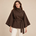 Cape Femme - Col Montant Boutonné Ceinture Cintrée - Marron