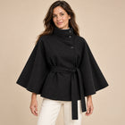 Cape Femme - Col Montant Boutonné Ceinture Cintrée - Noir