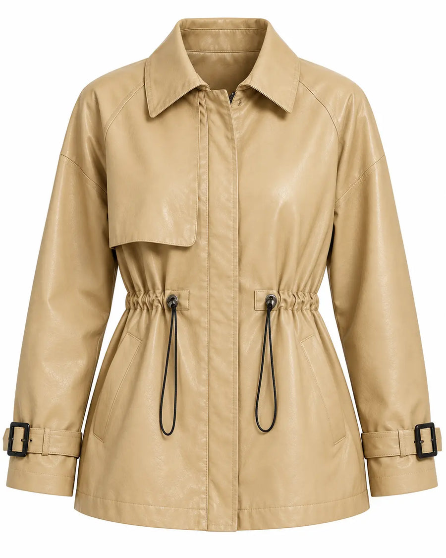 Trench Femme - Aspect Cuir Col Chemise Cordon de Serrage Zippé Beige
