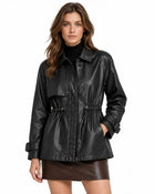 Trench Femme - Aspect Cuir Col Chemise Cordon de Serrage Zippé - Noir