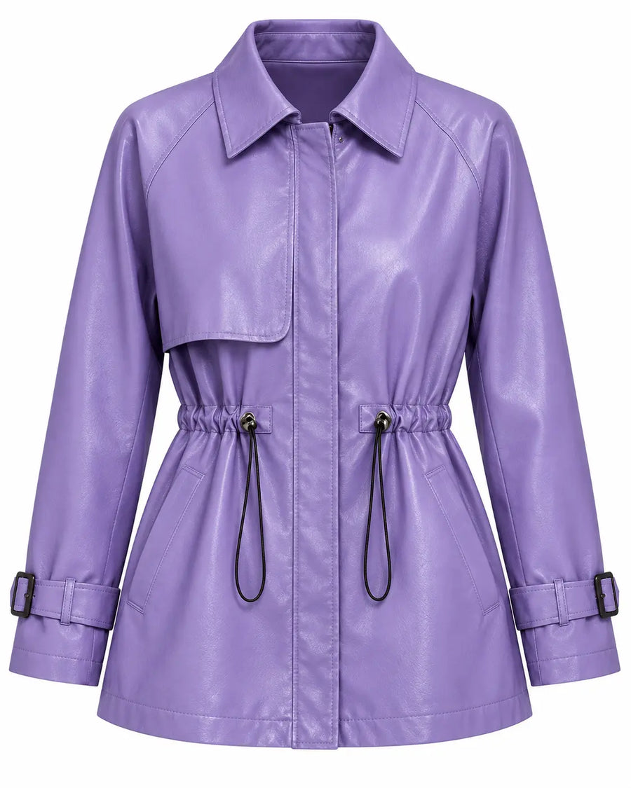 Trench Femme - Aspect Cuir Col Chemise Cordon de Serrage Zippé Violet clair