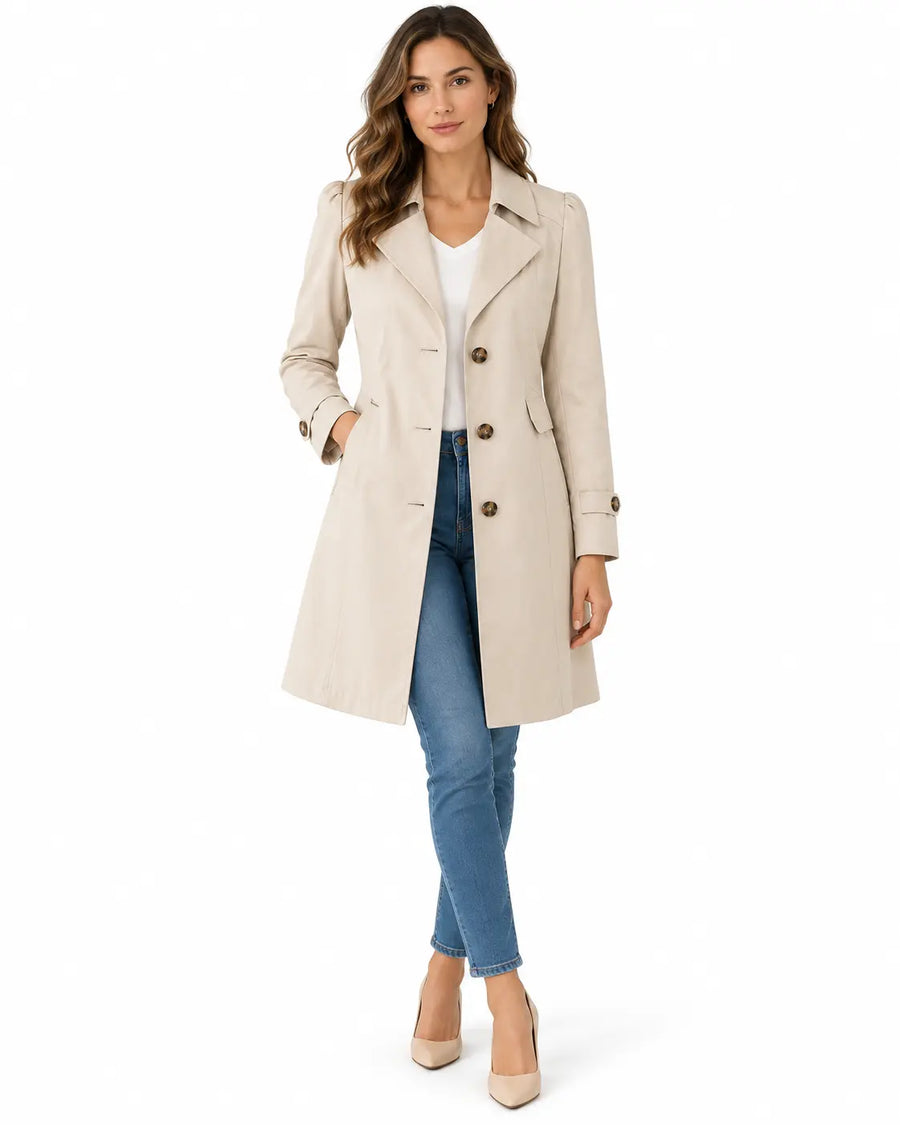 Trench Femme Beige - Court Cintré Boutonné Coupe Ajustée Beige porté
