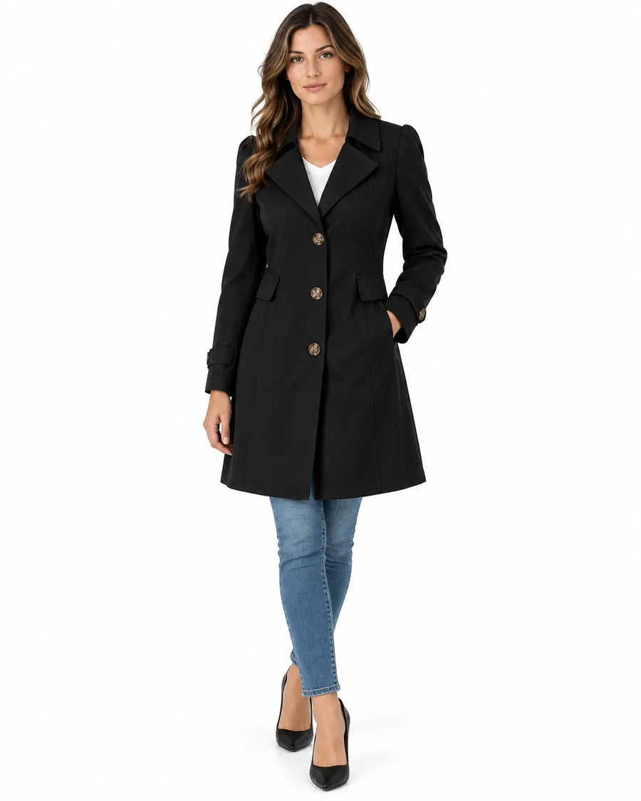 Trench Femme Beige - Court Cintré Boutonné Coupe Ajustée Noir porté
