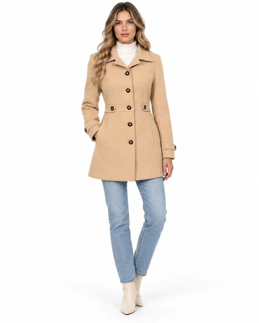 Trench Femme Champagne - Double Boutonnage Ceinturé Col Cranté Champagne porté