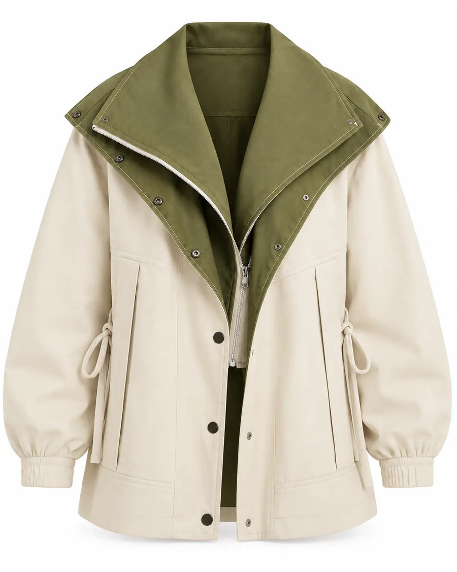 Trench Femme - Coupe-Vent Oversize Col Châle Zippé Manches Ballon Crème