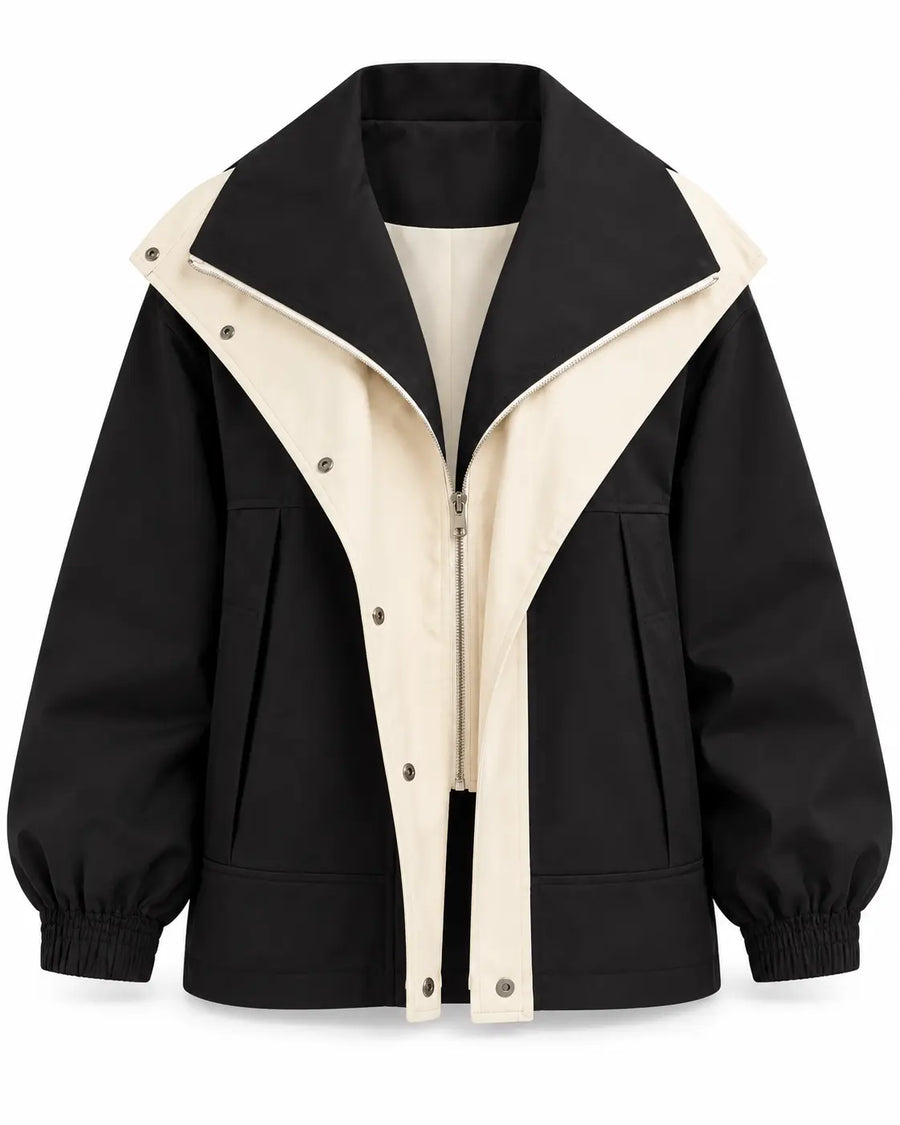 Trench Femme - Coupe-Vent Oversize Col Châle Zippé Manches Ballon Noir