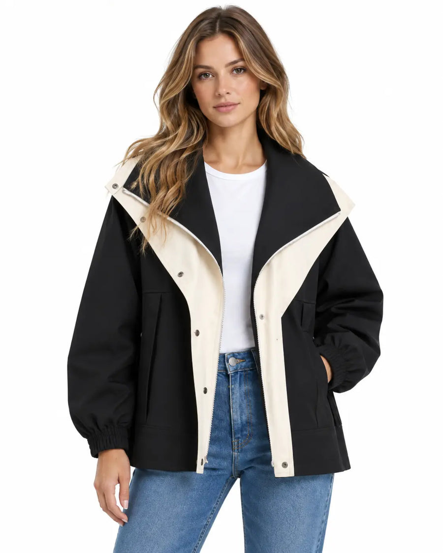 Trench Femme - Coupe-Vent Oversize Col Châle Zippé Manches Ballon Noir porté