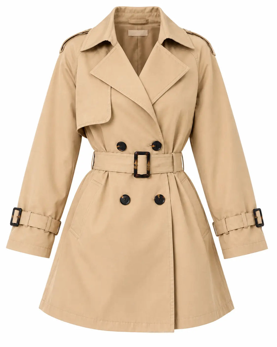 Trench Femme - Court Ample Double Boutonnage Col Cranté Ceinture Beige