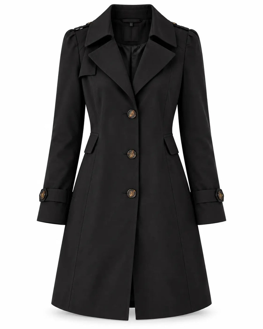 Trench Femme - Court Cintré Croisé Col Revers Poches Passepoilées Noir