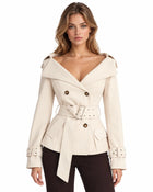 Trench Femme - Court Croisé Épaules Dénudées Ceinture à Boucle - Abricot