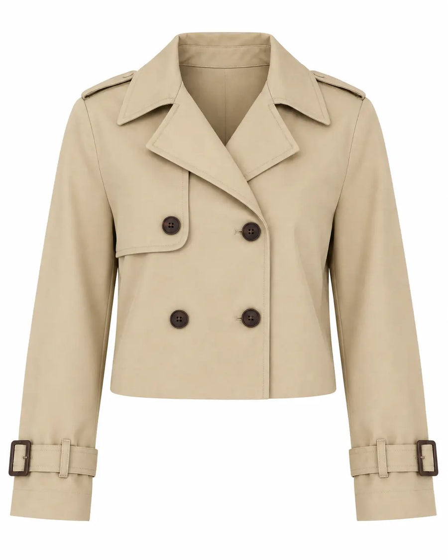 Trench Femme - Court Croisé Gabardine Coton Épaulettes Col Tailleur Kaki