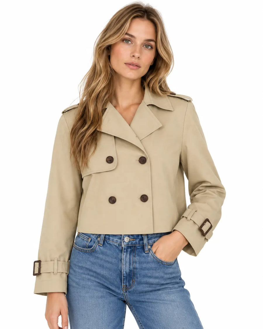 Trench Femme - Court Croisé Gabardine Coton Épaulettes Col Tailleur Kaki porté