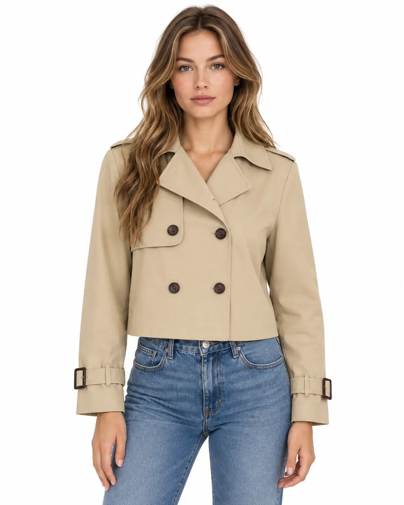 Trench Femme - Court Croisé Gabardine Coton Épaulettes Col Tailleur Kaki porté