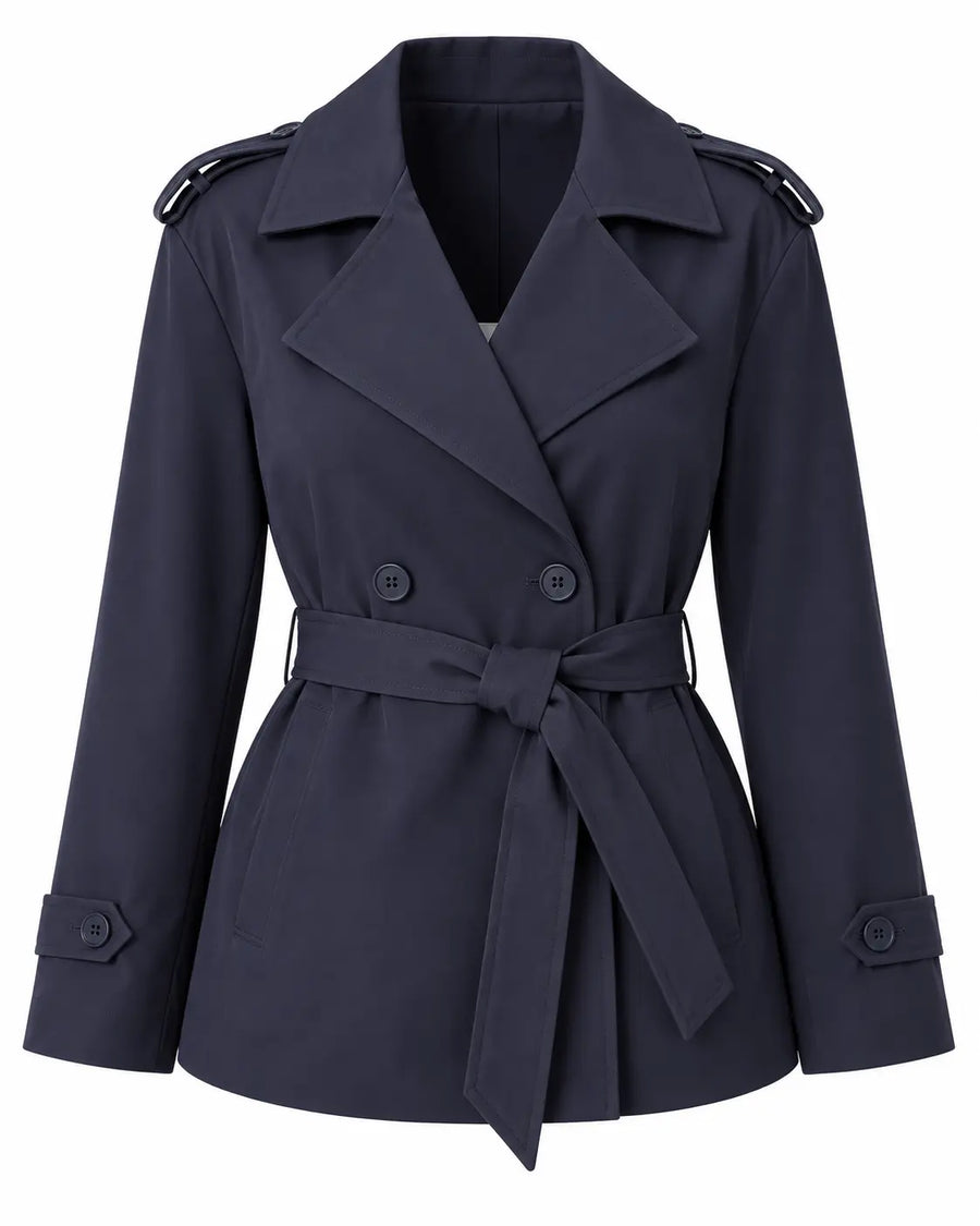 Trench Femme - Court Droit Croisé Ceinture Col Cranté Épaulettes Bleu