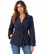 Trench Femme - Court Droit Croisé Ceinture Col Cranté Épaulettes - Bleu