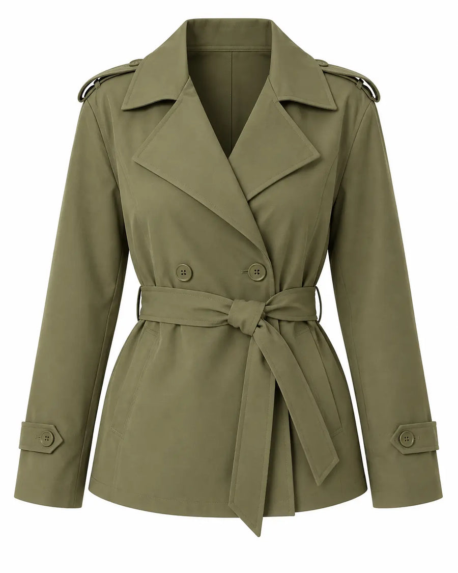 Trench Femme - Court Droit Croisé Ceinture Col Cranté Épaulettes Kaki