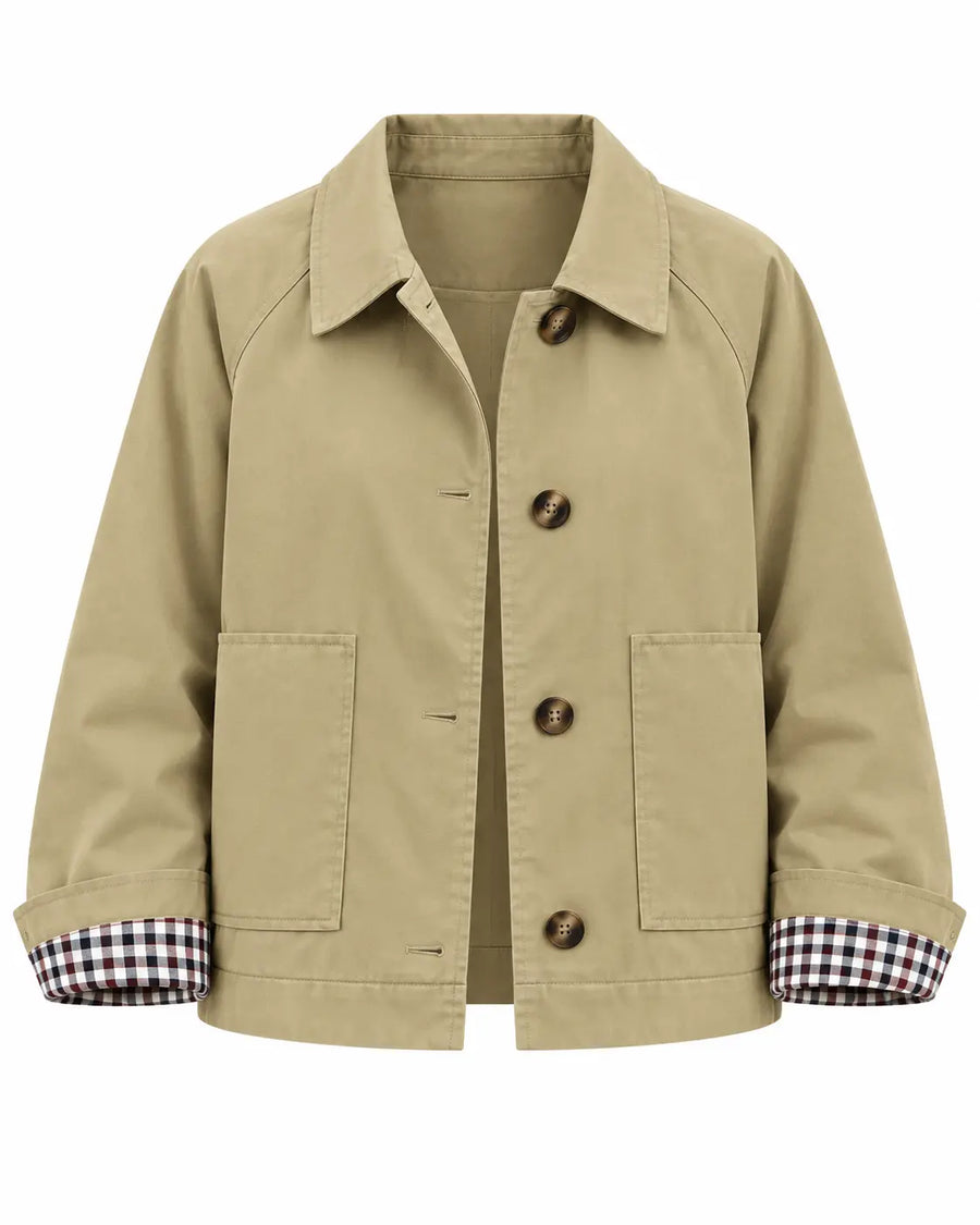 Trench Femme - Court Gabardine Coton Col Chemise Poches Plaquées Kaki