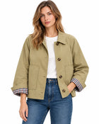 Trench Femme - Court Gabardine Coton Col Chemise Poches Plaquées - Kaki