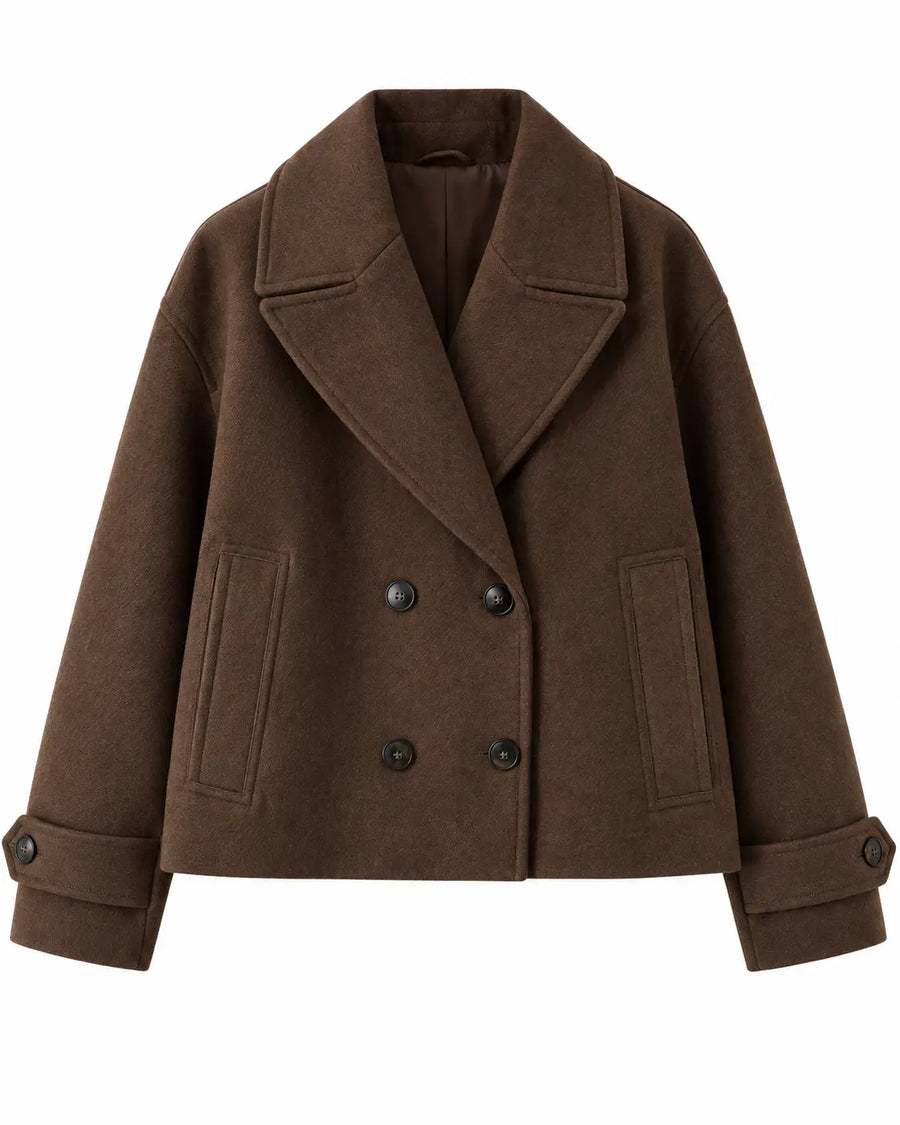Trench Femme - Court Laine Mélangée Double Boutonnage Oversize Marron