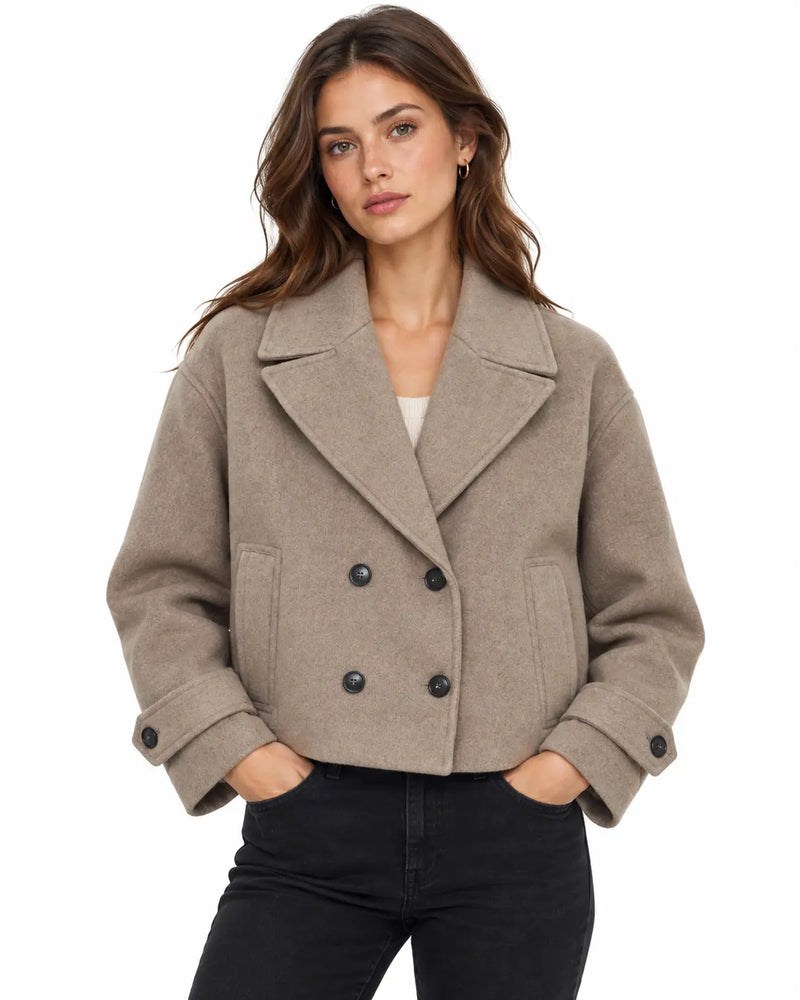 Trench Femme - Court Laine Mélangée Double Boutonnage Oversize Marron porté