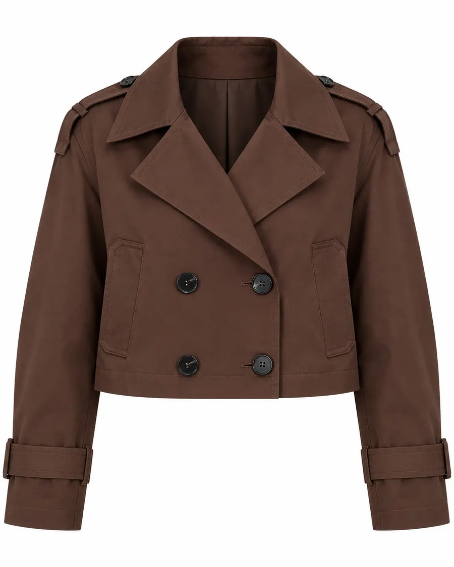 Trench Femme - Court Oversize Col Cranté Croisé Épaulettes Marron