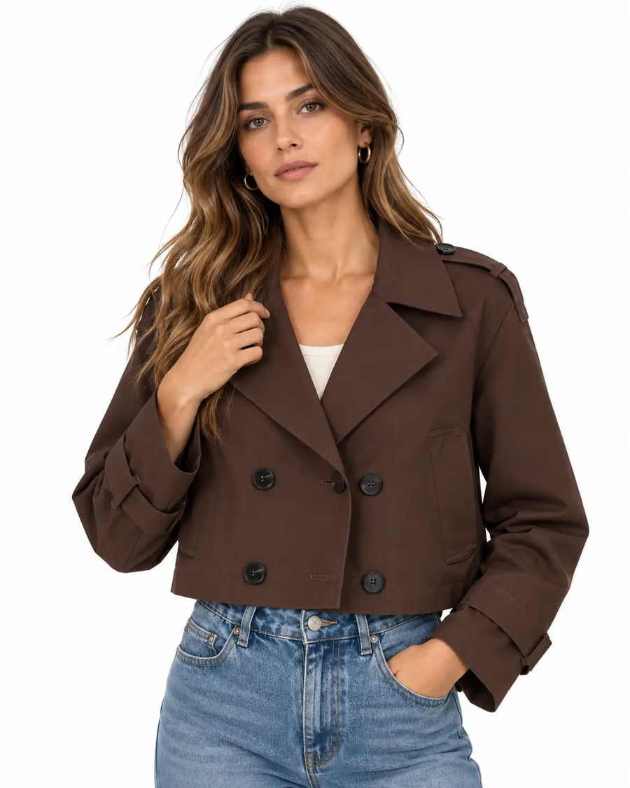 Trench Femme - Court Oversize Col Cranté Croisé Épaulettes Marron porté