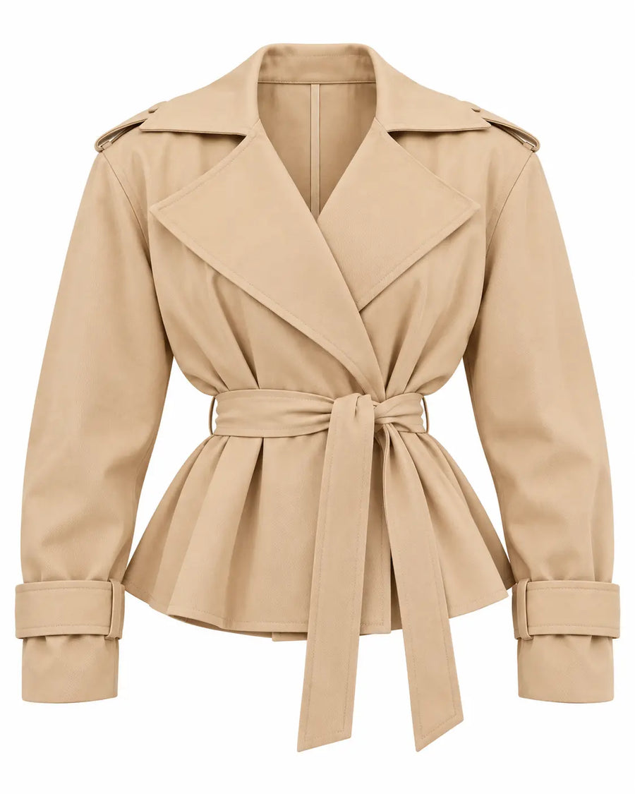Trench Femme - Croisé Oversize Grand Col Ceinture Pattes d'Épaule Beige