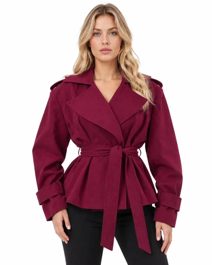 Trench Femme - Croisé Oversize Grand Col Ceinture Pattes d'Épaule Bordeaux porté