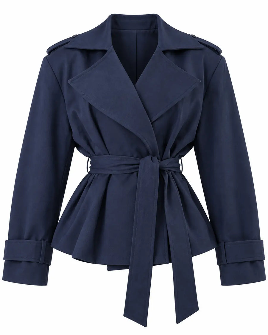 Trench Femme - Croisé Oversize Grand Col Ceinture Pattes d'Épaule Marine